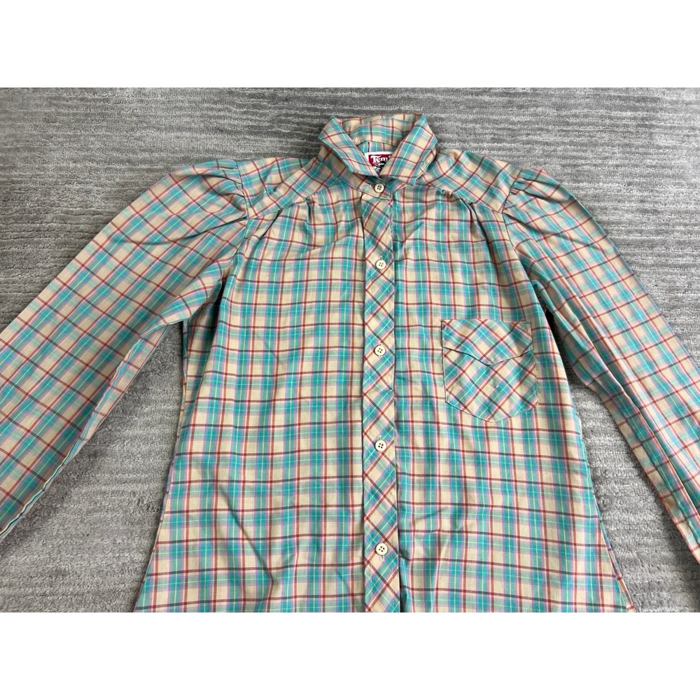 Tem Tex Western Shirt Womens M Multi Color Plaid Puff Sleeve Button Up Vintage - Picture 2 of 14